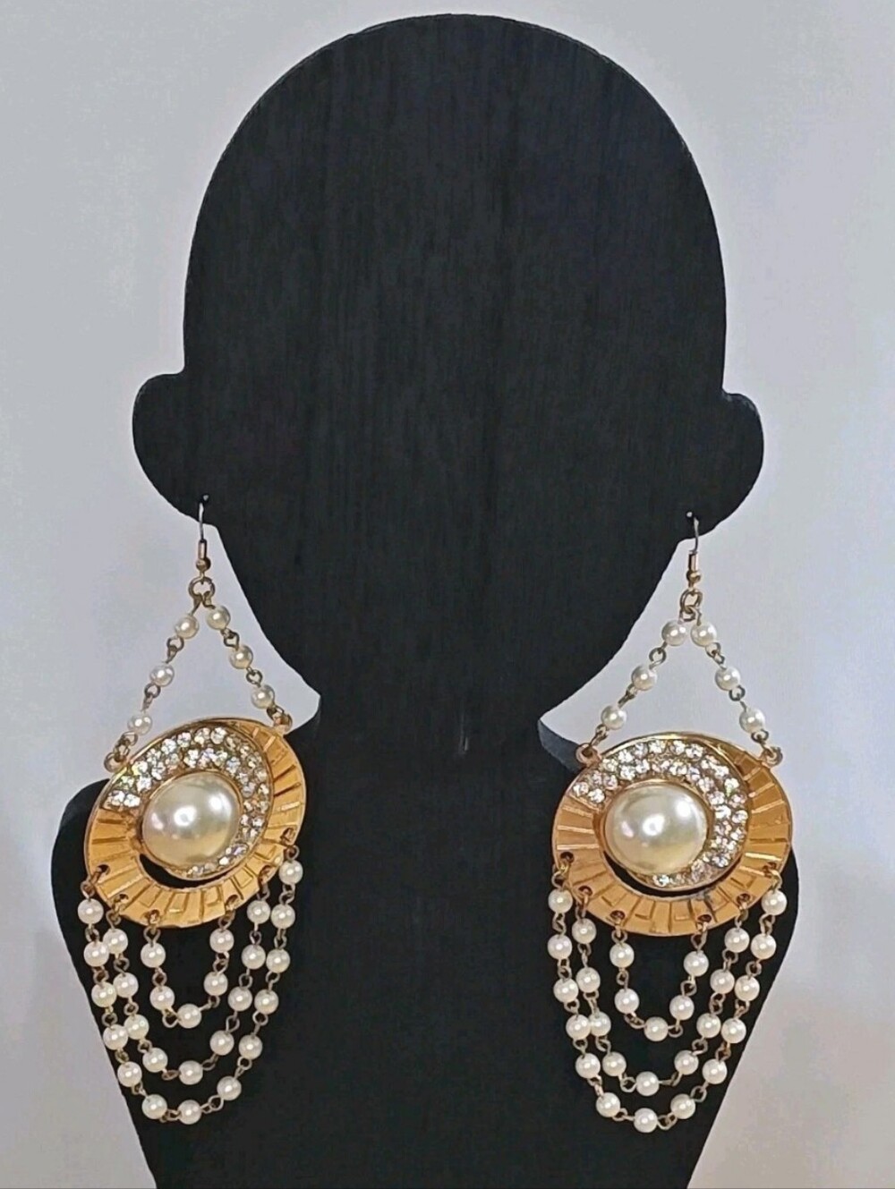 Art Deco Chandelier Earrings Shower Of Pearls Rhinestones Gold Tone Dangle 5"